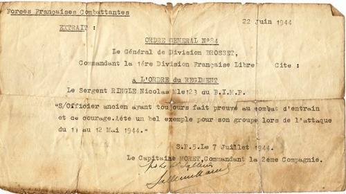 Trésor d'Archives - Le sergent-chef Nicolas RINGLE, F.F.L. du 1er Bataillon d'Infanterie de Marine