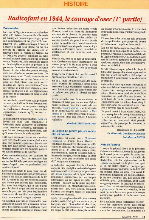 * RADICOFANI 1944, le courage d'oser... vien de paraître dans la Revue de la France Libre