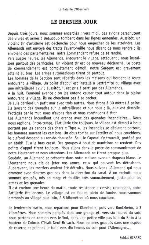 * Commémoration de la fin des combats D'Obenheim