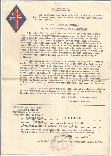 Trésor d'Archives - Le sergent-chef Nicolas RINGLE, F.F.L. du 1er Bataillon d'Infanterie de Marine