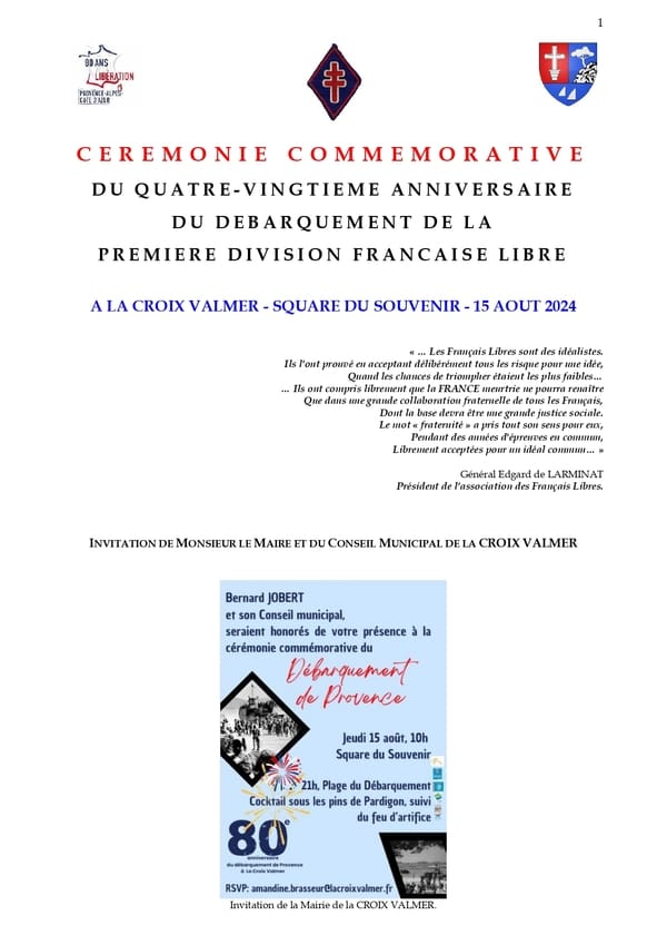 * 80ième ANNIVERSAIRE DEBARQUEMENT CROIX VALMER