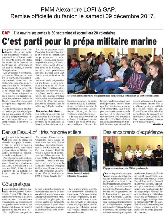 * Le nom d'Alexandre LOFI (1er BFM, 1er BFMC), donné à une PMM