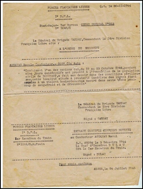 *  Honneur aux anciens de la 1ere DFL - documents et citations de Raoul ASSAYAG - Français Libre 
