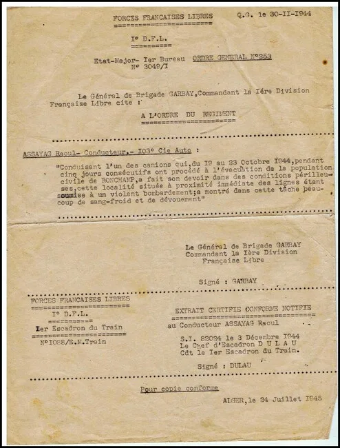 *  Honneur aux anciens de la 1ere DFL - documents et citations de Raoul ASSAYAG - Français Libre 