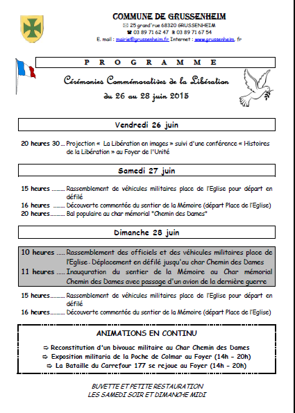 AGENDA- GRUSSENHEIM fête sa Libération du 26 au 28 Juin 2015