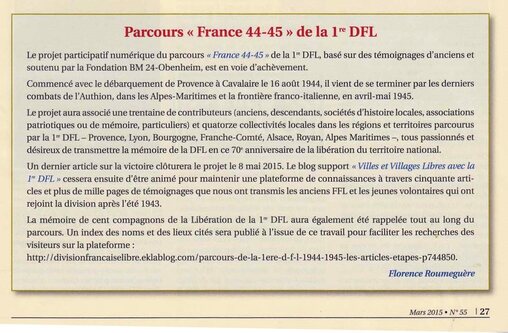 * Communiqué du Blog dans la revue de la Fondation de la France Libre de Mars 2015