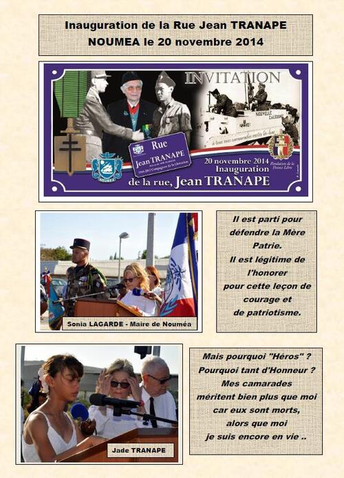 * 20 novembre - Nouméa honore Jean TRANAPE (Bataillon du Pacifique)