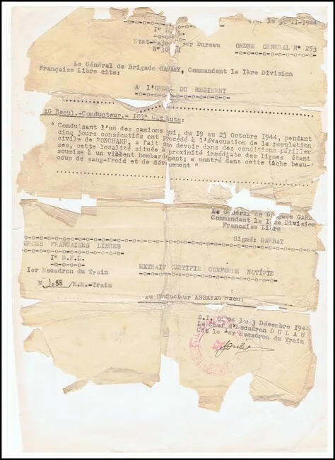 *  Honneur aux anciens de la 1ere DFL - documents et citations de Raoul ASSAYAG - Français Libre 