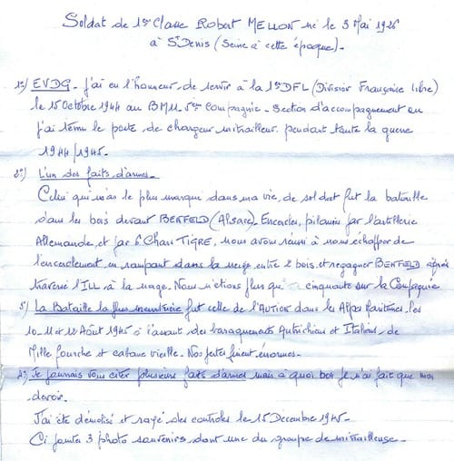 * Trésor d'archives - Témoignage du soldat de 1re classe Robert MELLON.
