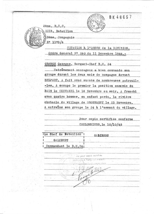 * Trésor d'archives...citations pour Georges Grange 